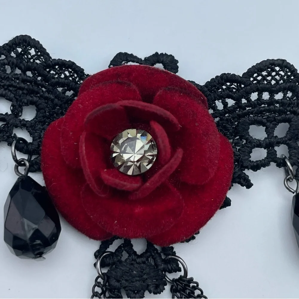 Gothic Black Lace Choker with Red Velvet Rose & Black Teardrop Beads